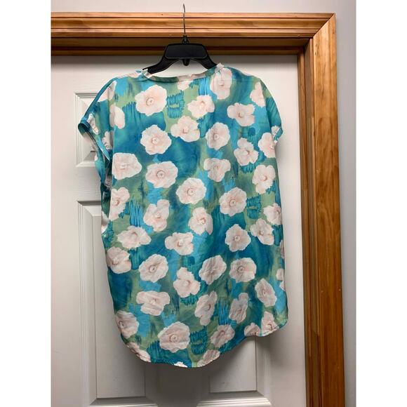 Jodifl Floral Blouse Large Teal Blue V Neck High Low Pocket Lightweight - Picture 2 of 3